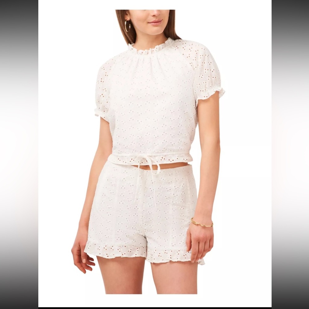 1. STATE White Lined Tie At Puff Sleeve Raglan Sleeve Crop Top & shorts sz S,6